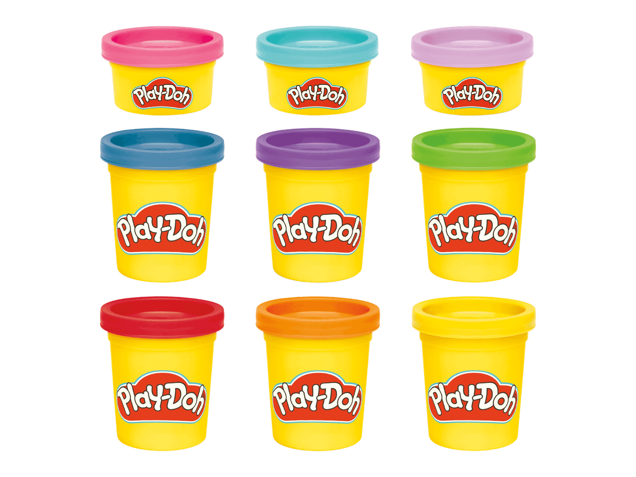 Yhdeksän purkkia Play-Doh-muovailuvahaa eri väreissä.