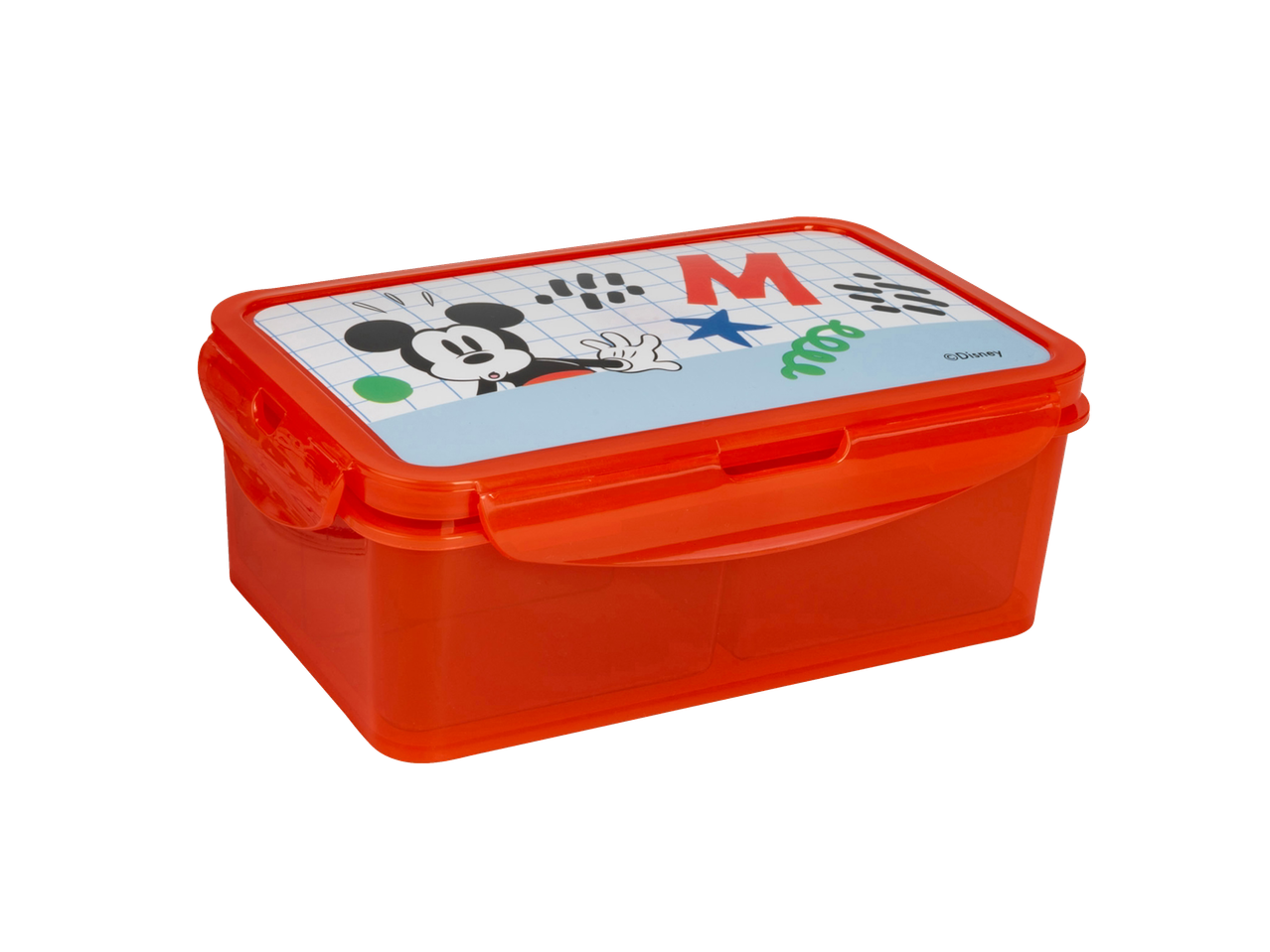 Orange lunchbox with a white lid featuring a cartoon mouse, letter 'M', and abstract shapes.