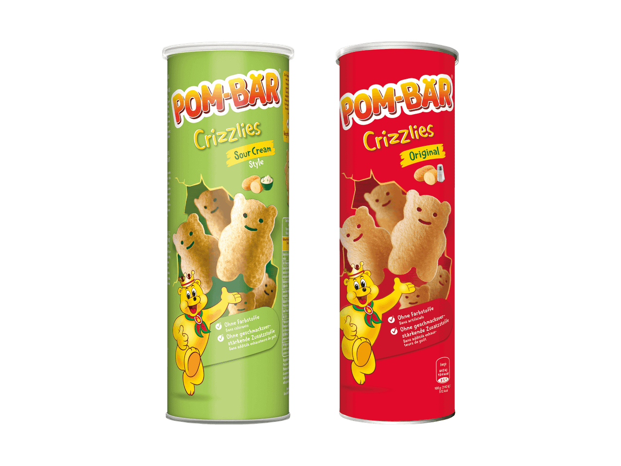 Zwei Dosen Pom-Bär Crizzlies: eine grüne Dose Sour Cream Style und eine rote Dose Original.