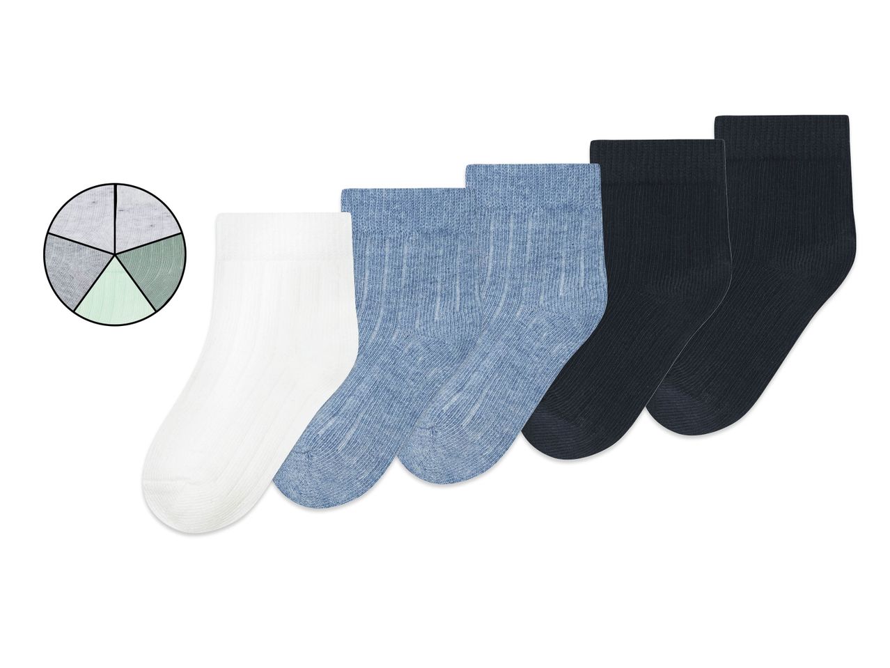 A set of six baby's ankle socks in white, light blue, and navy blue.