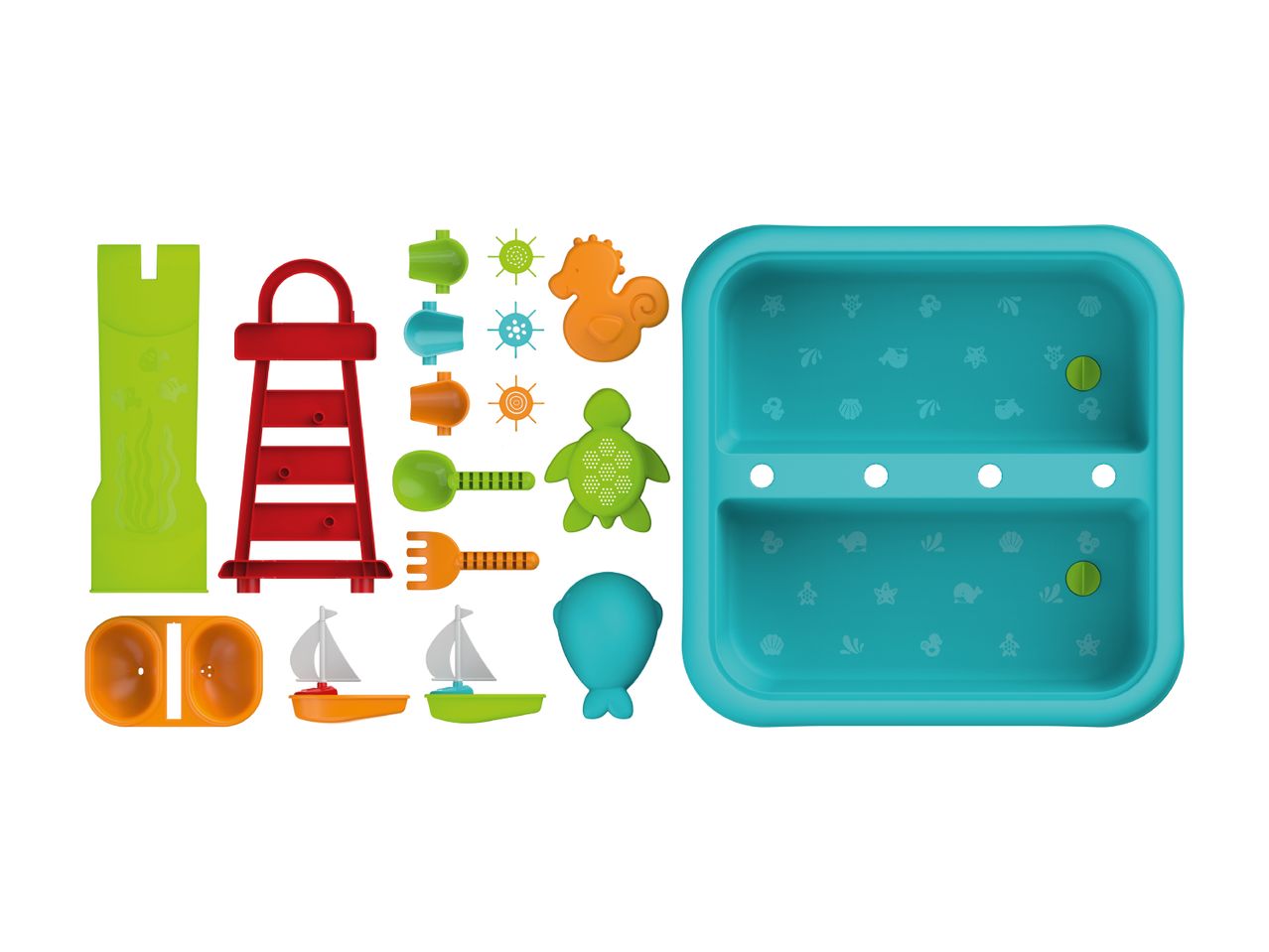 Colorful beach toy set with a blue water tray, sand molds, and tools.