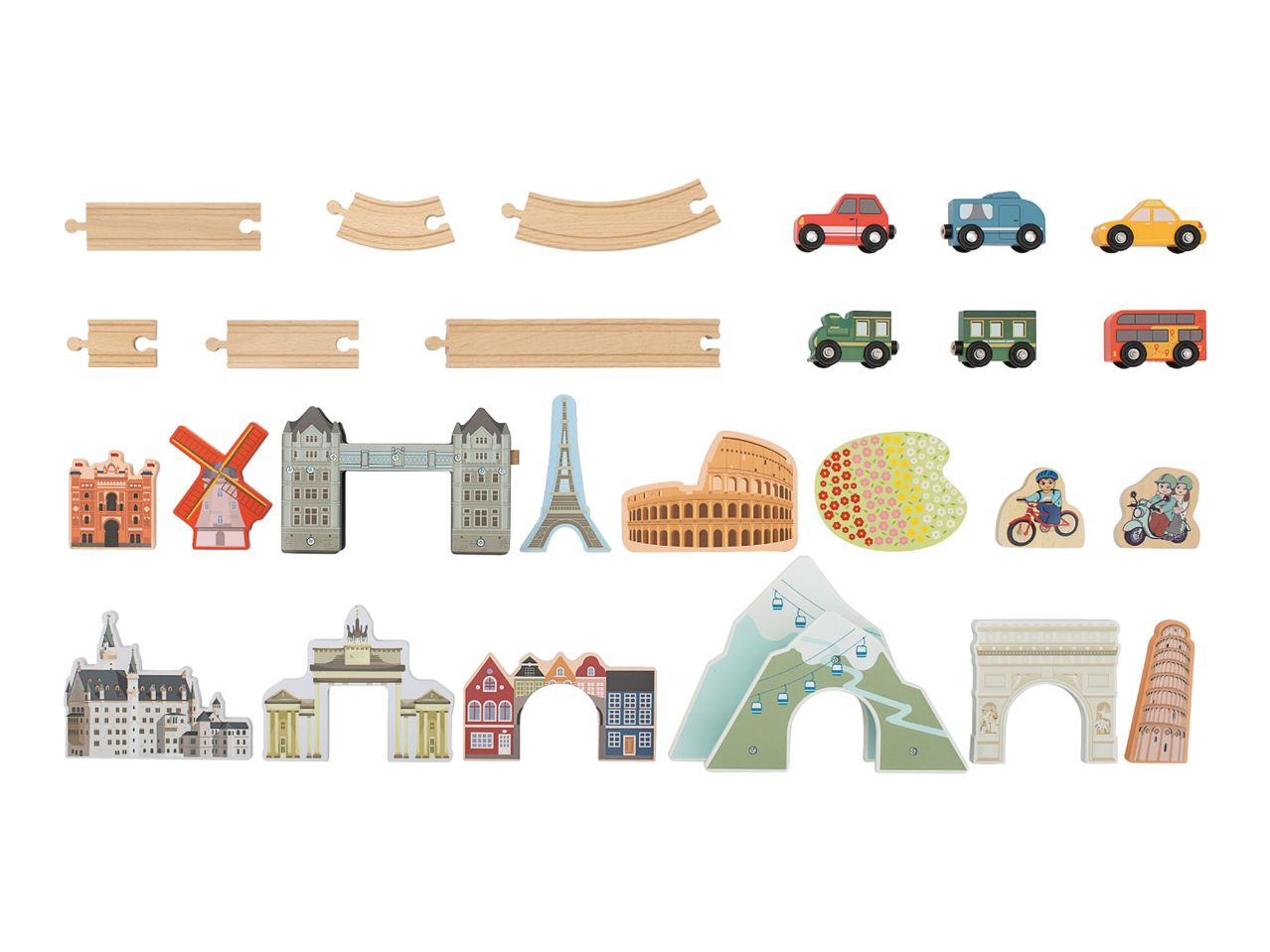 Wooden toy set with train tracks, cars, famous landmarks, and people.
