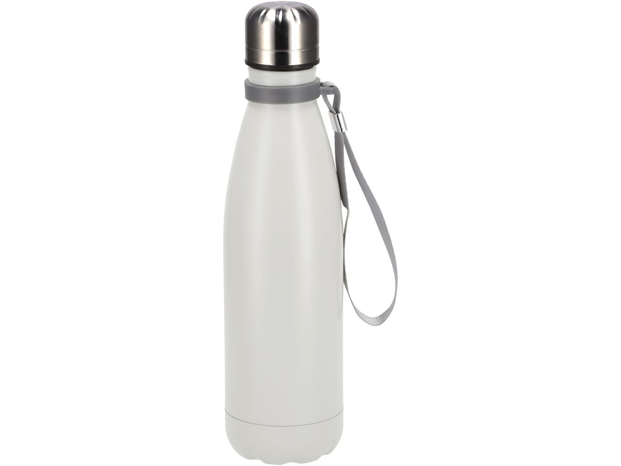 White insulated water bottle with a silver cap and a gray strap.