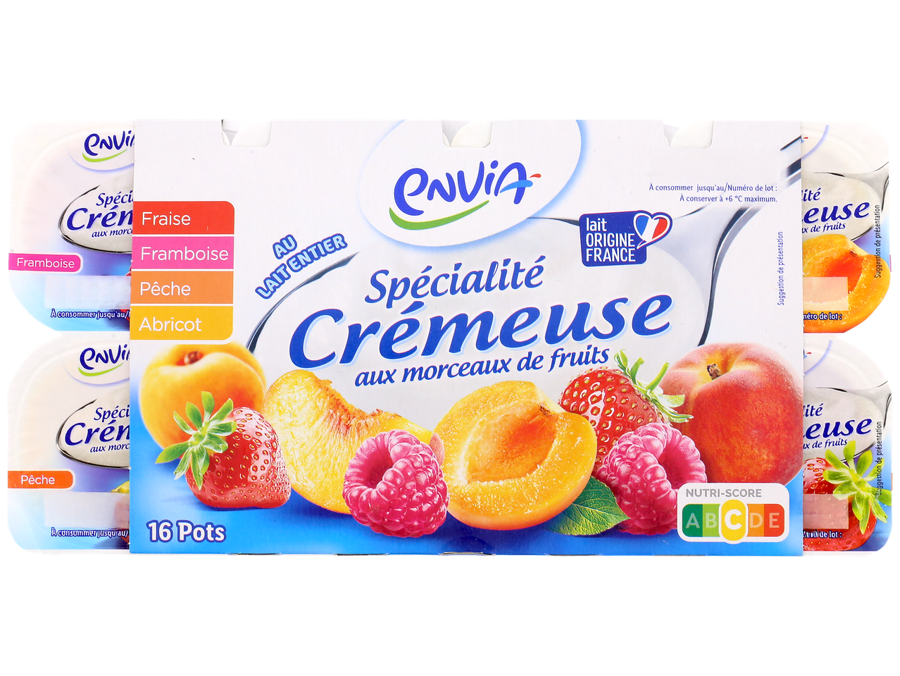 Yaourts crémeux aux fruits (fraise, framboise, pêche, abricot) en pack de 16 pots, Nutri-Score A.