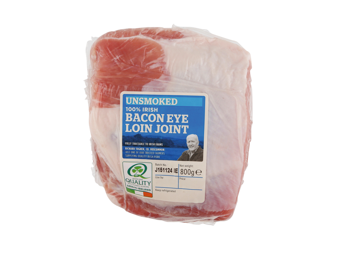Unsmoked Irish Bacon Eye Loin Joint in clear packaging.