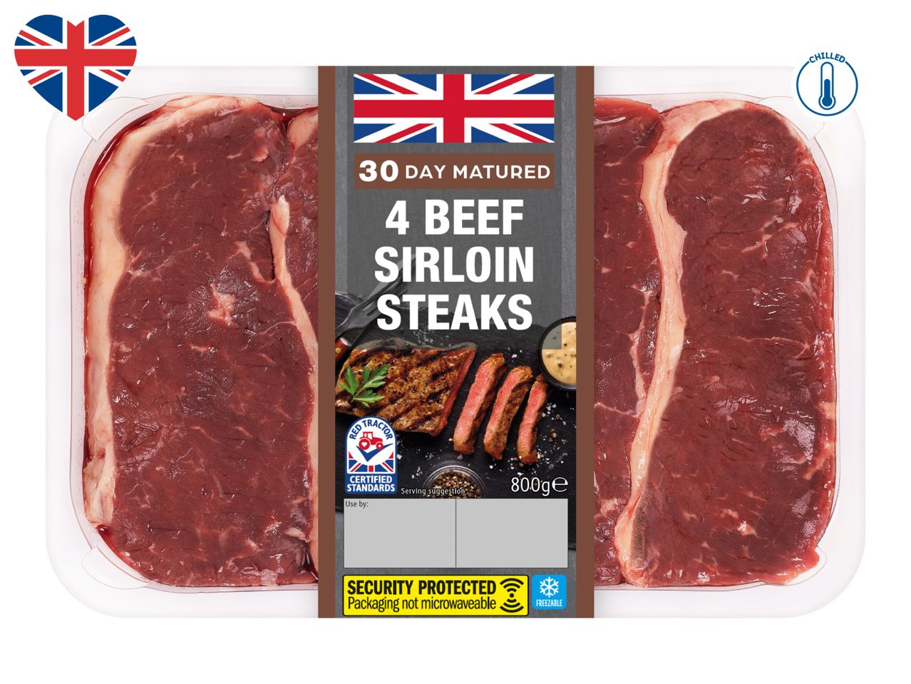 Pack of four chilled beef sirloin steaks, 30-day matured, 800g, with a Union Jack heart.