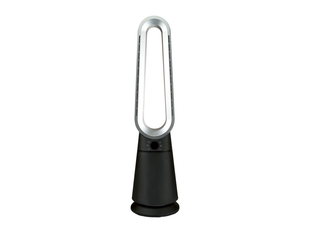 Sleek black and silver bladeless tower fan with a digital display