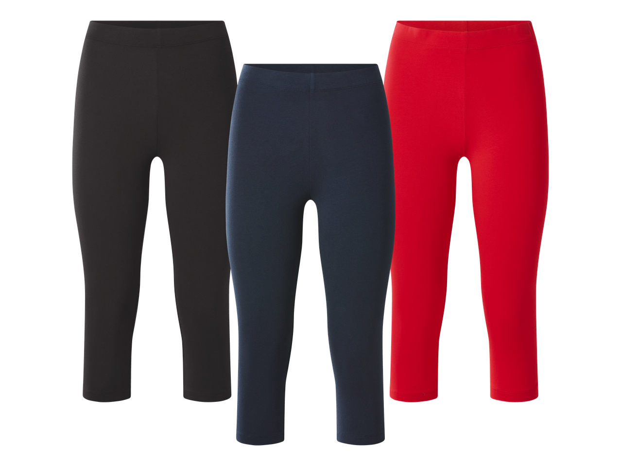 Tri ženske kapri tajice u crnoj, tamnoplavoj i crvenoj boji.