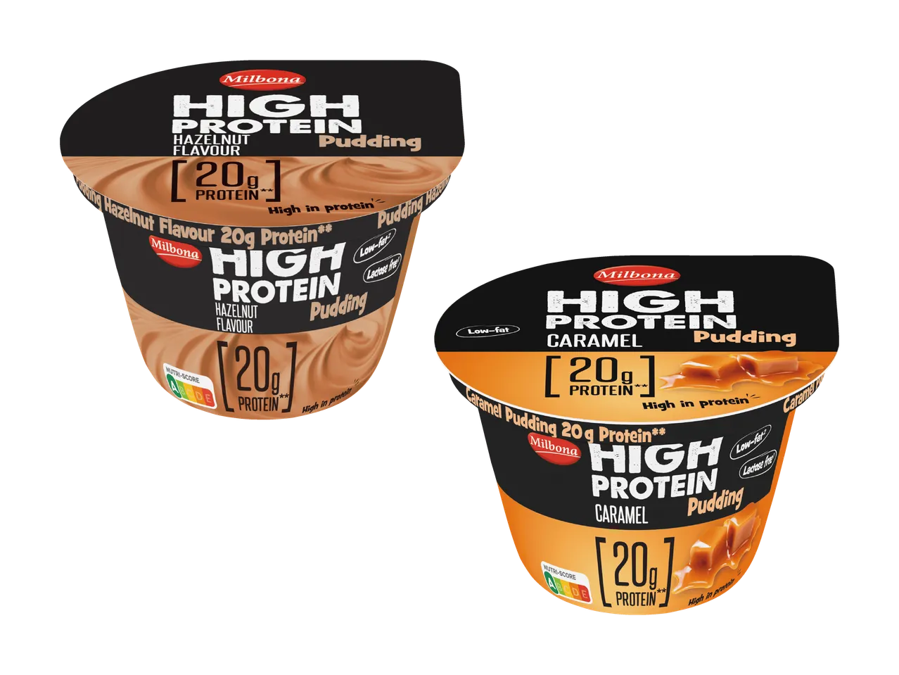 Zwei Becher High Protein Pudding in den Geschmacksrichtungen Haselnuss und Karamell.