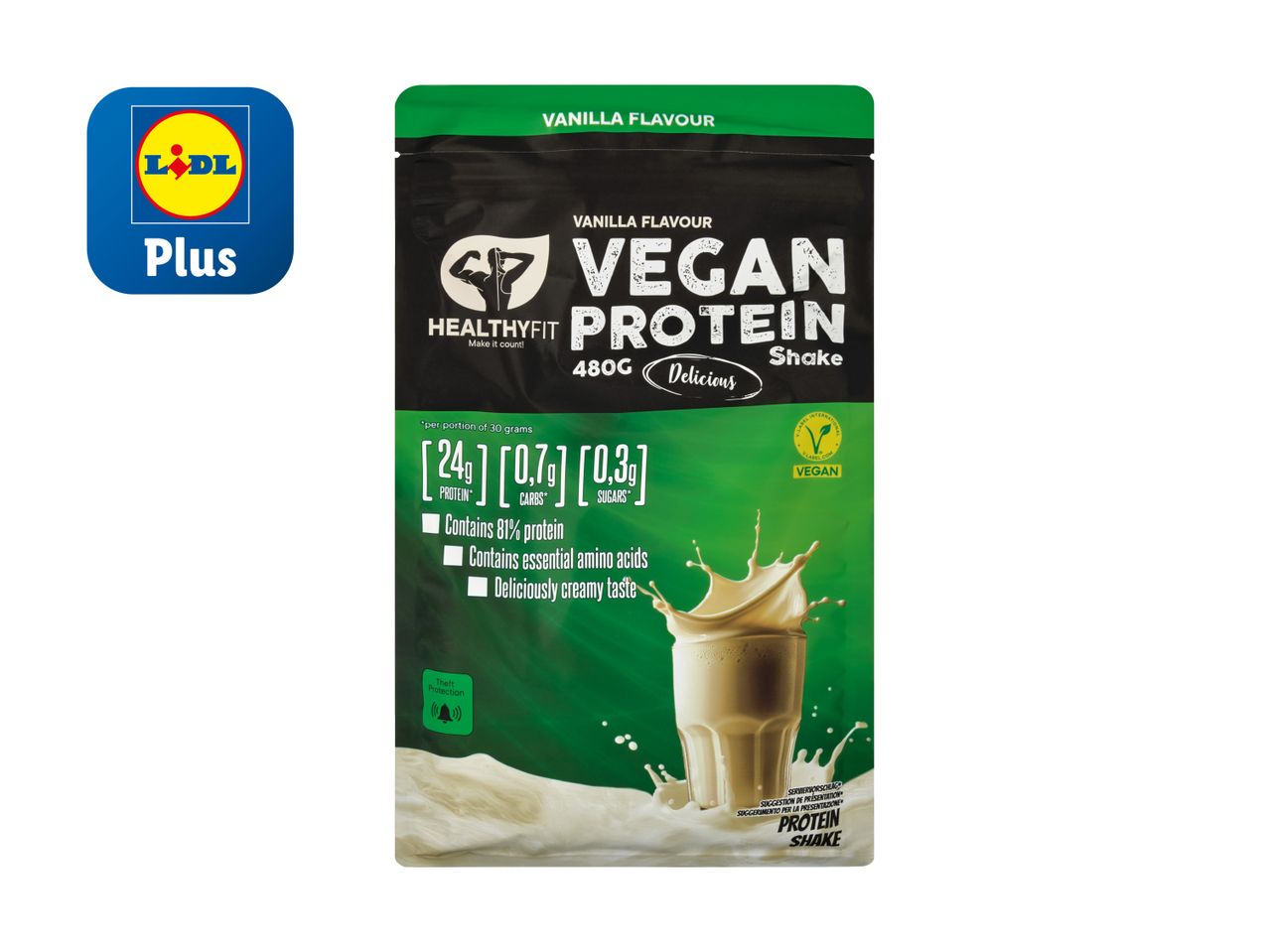 Lidl Plus HealthyFit veganes Protein Shake, Vanillegeschmack.