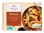 Frozen Japanese-style prawns with teriyaki sauce and vegetables, raw, without shell, deveined.