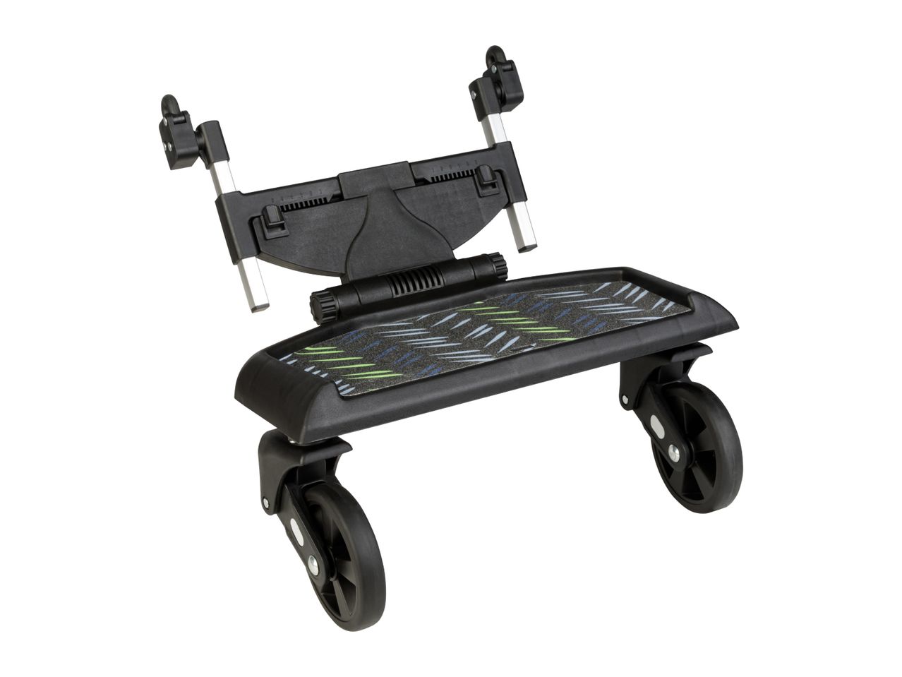 Black stroller board with green and blue accents, featuring two wheels and adjustable attachments.