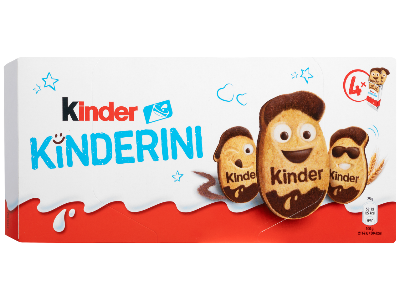 Kinder Kinderini kekszek csokoládé arcokkal, táplálkozási információkkal.