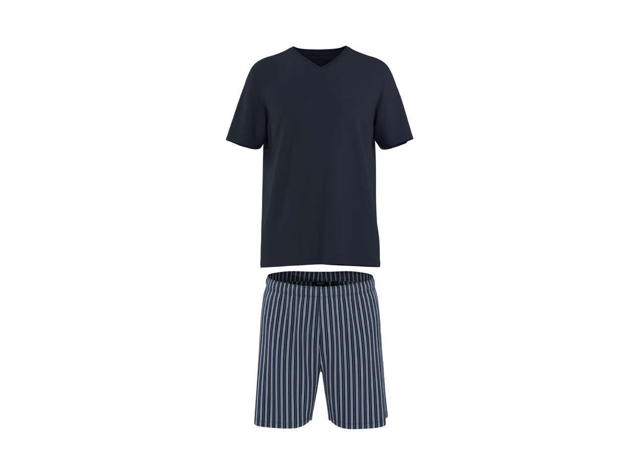 Men's navy V-neck t-shirt and striped boxer shorts set