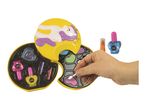 Unicorn-themed makeup kit with eyeshadows, lipsticks, and nail polish, with a hand applying eyeshadow.