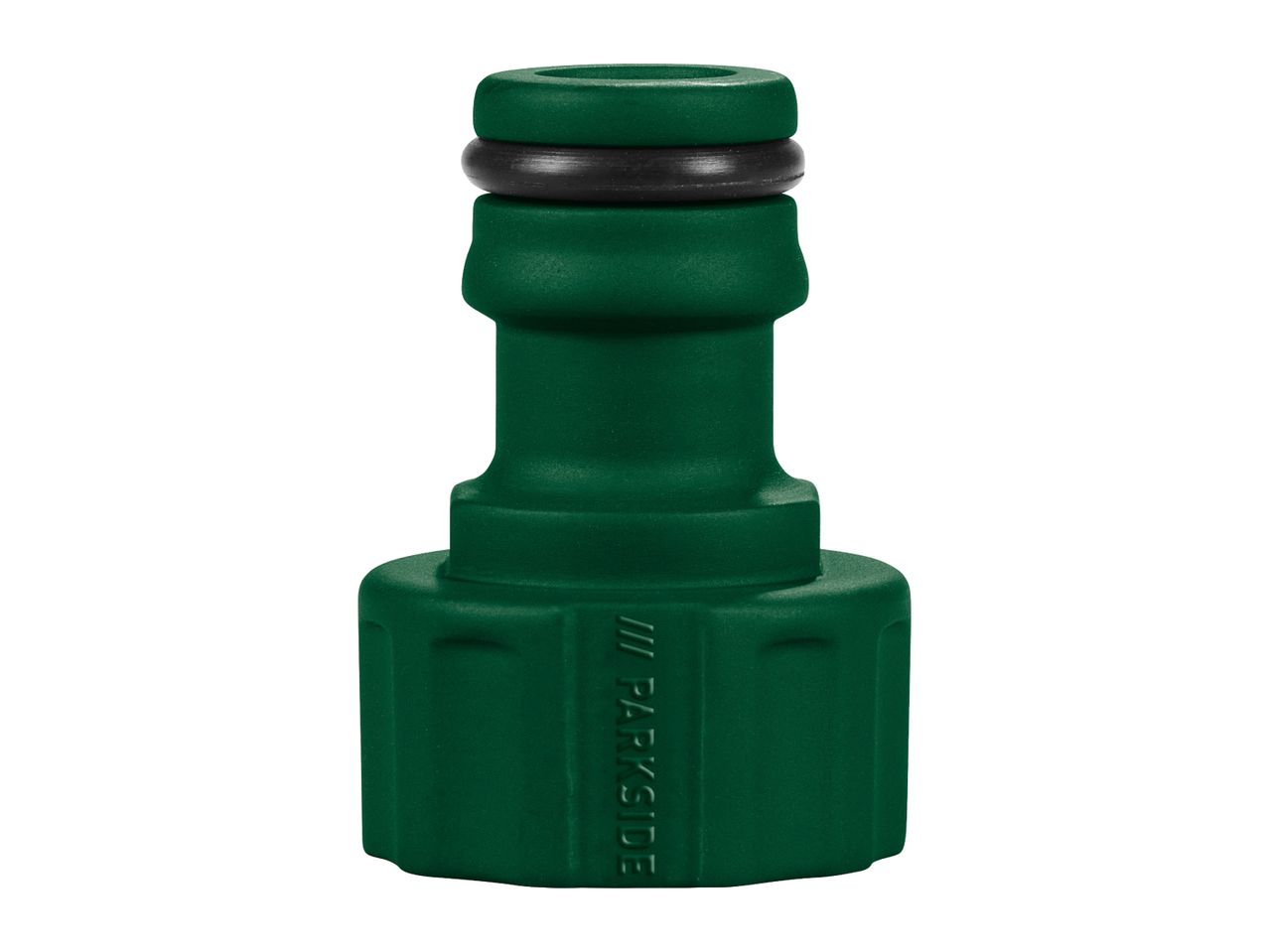 Green garden hose connector with a black O-ring seal.