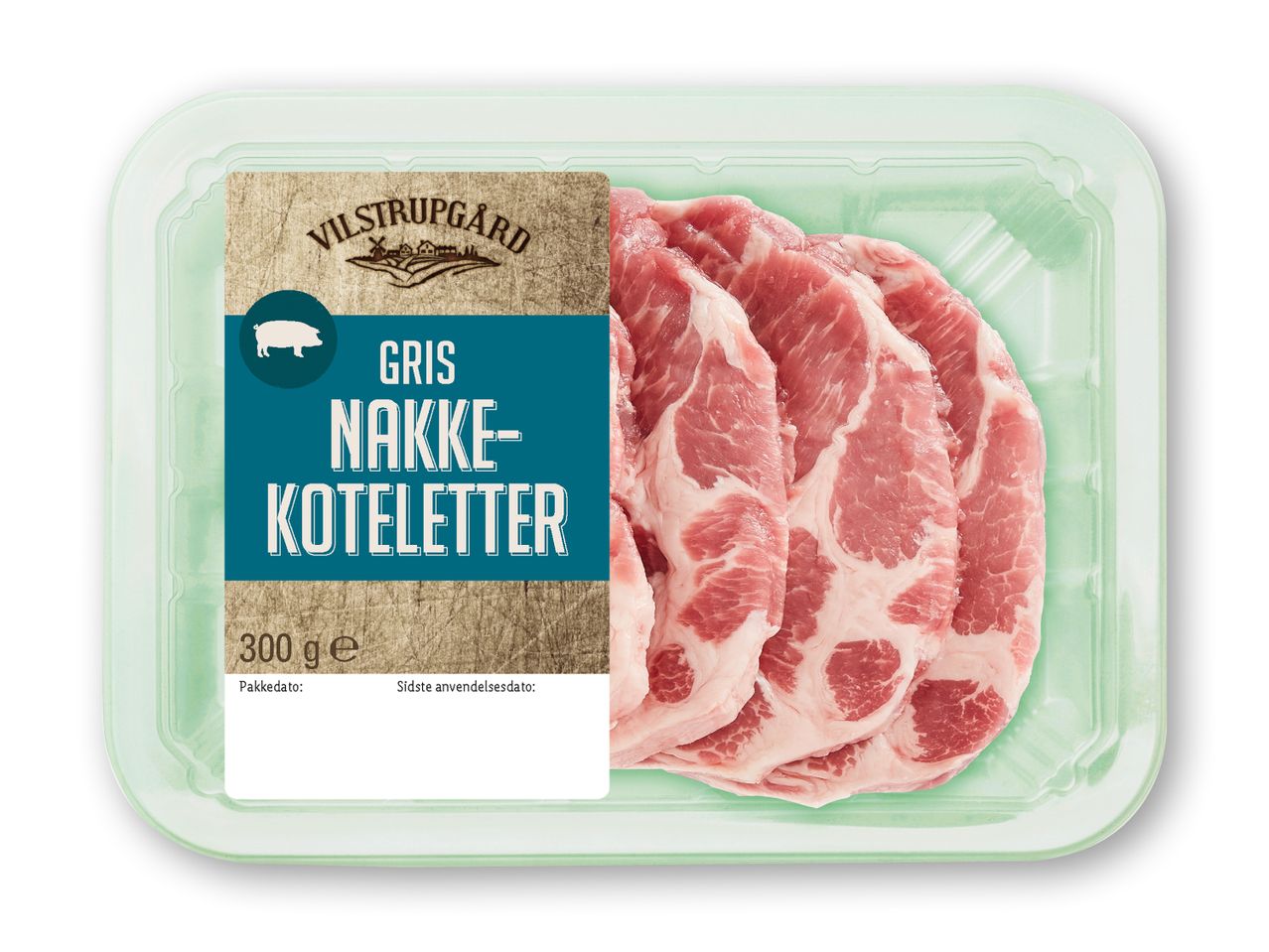 Pakke med Vilstrupgaard gris nakkekoteletter, 300g.