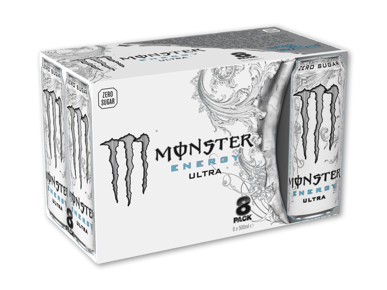 En hvid Monster Energy Ultra 8-pak med dåser, der stikker ud.