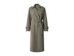 Long olive green trench coat with a double-breasted front, belt, and brown buttons.
