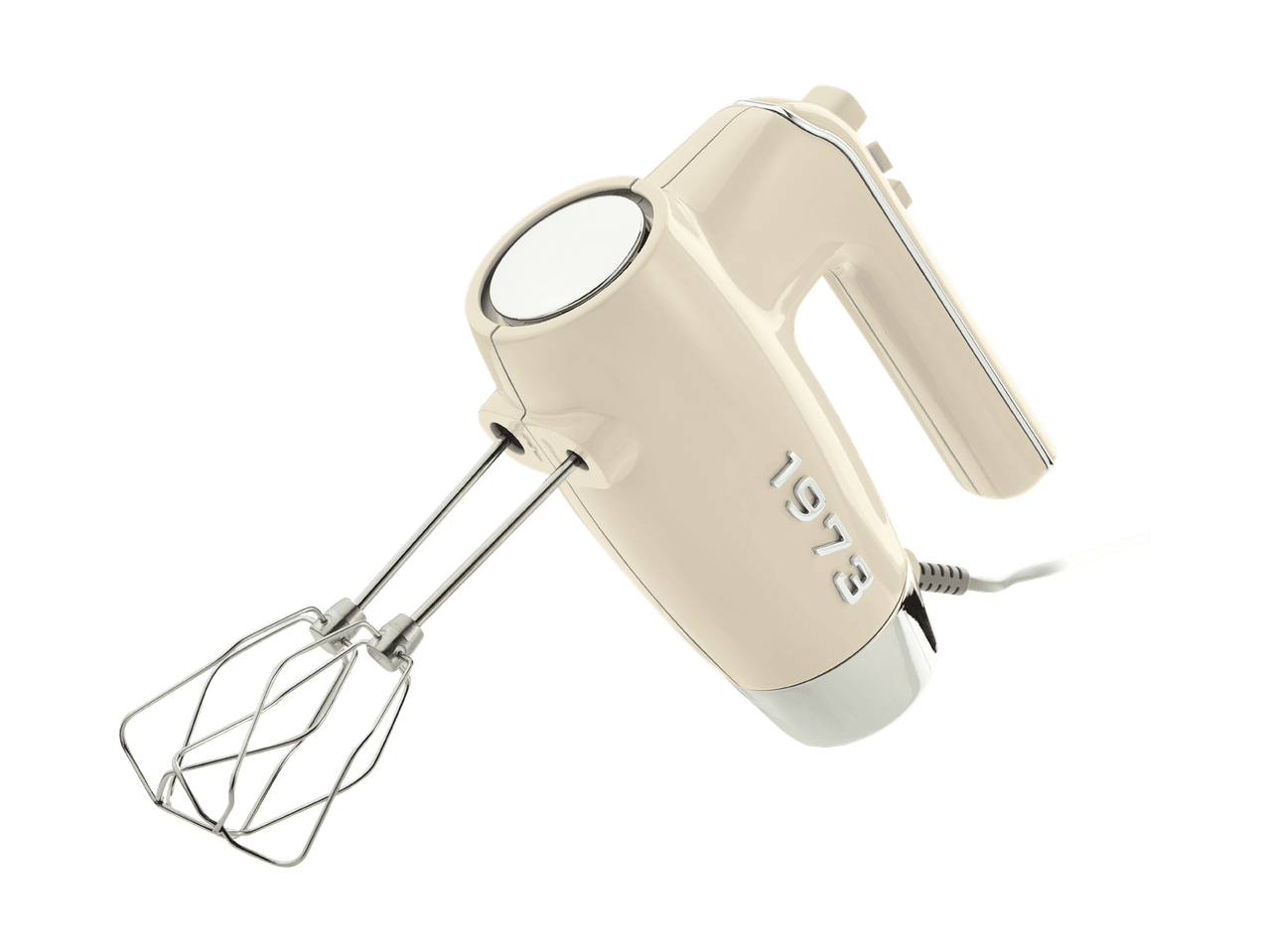 Retro-Handmixer in Beige mit zwei Rührbesen aus Metall.