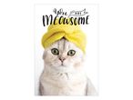 Egy macska sárga törölközővel a fején, a „You Are Meowsome” felirattal.