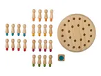 Wooden peg game with a round board, colorful pegs, and a die.