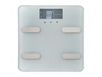 Digital bathroom scale with a light blue glass surface and four silver electrodes, displaying '0.0 kg'.