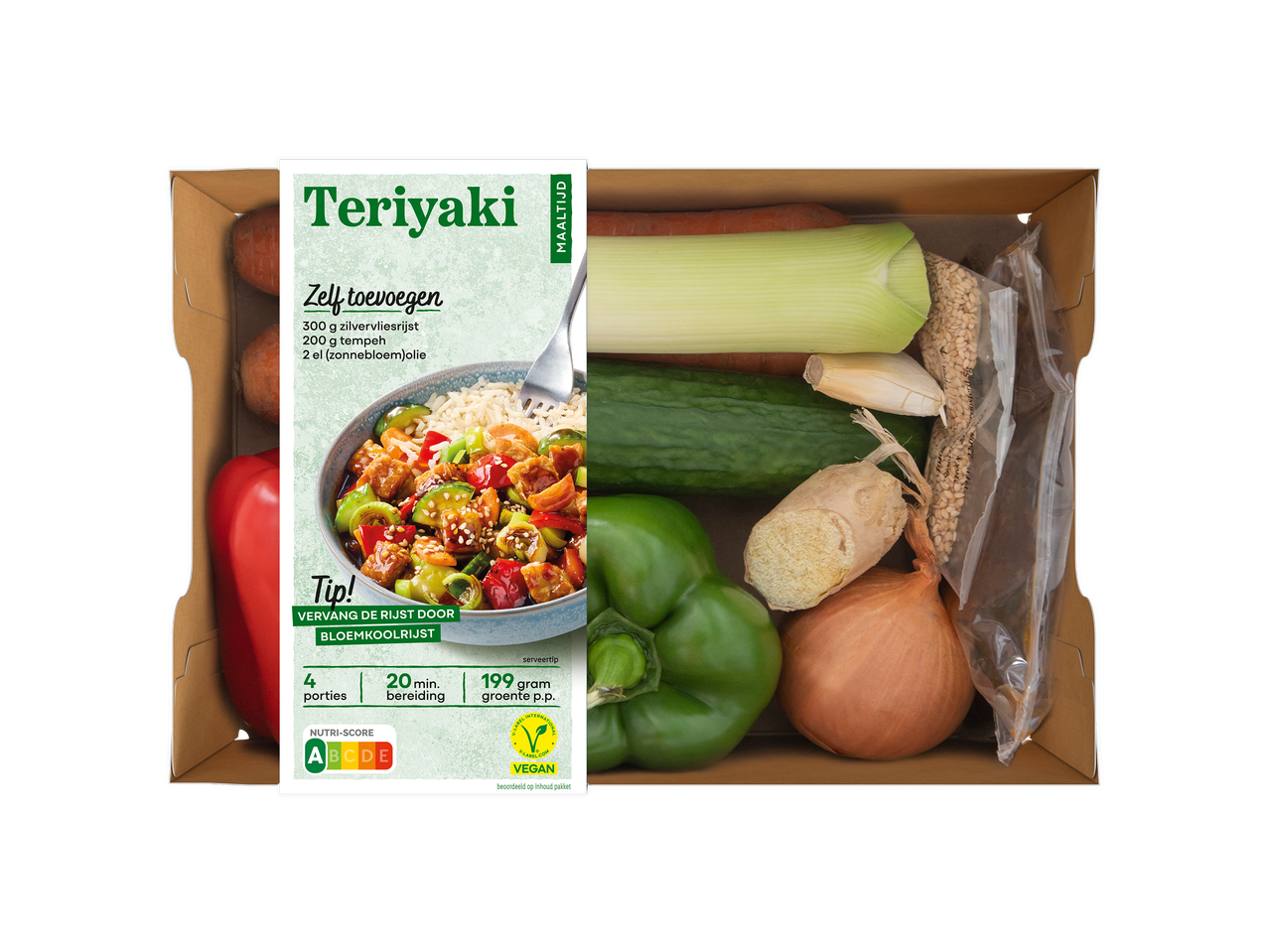 Maaltijdpakket voor Teriyaki met verse groenten, kruiden en een receptkaart.