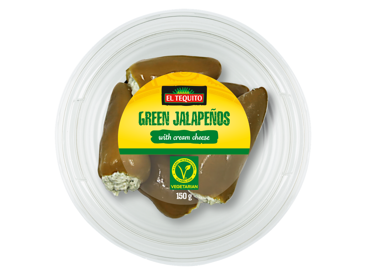 El Tequito green jalapeños with cream cheese in a plastic container.