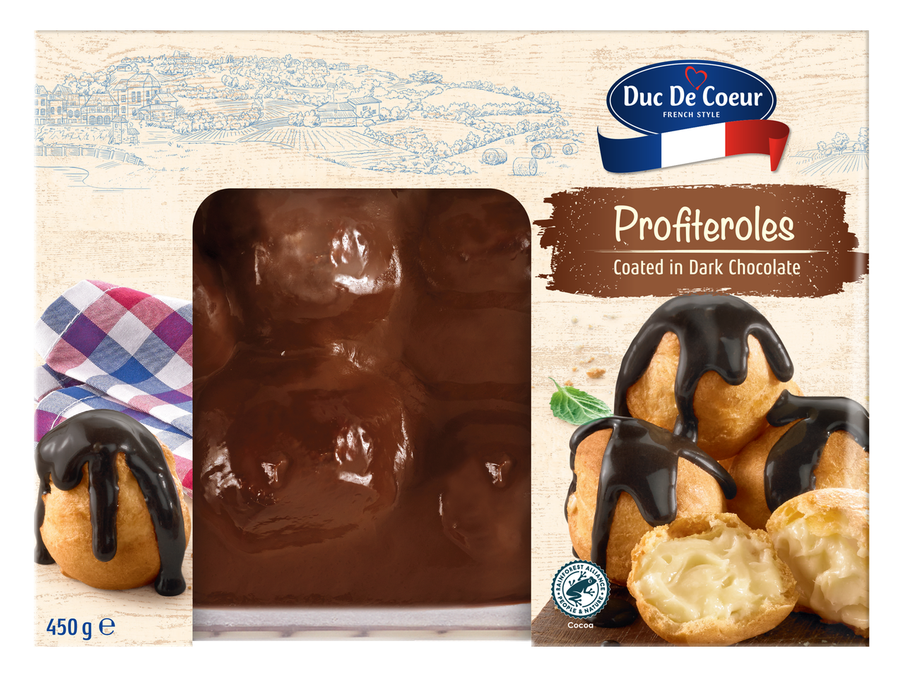 Duc De Coeur prancūziško stiliaus profiterolės su tamsiu šokoladu.
