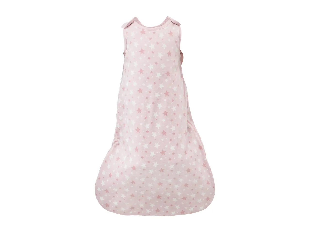 Pink baby sleeping bag with white and darker pink star patterns.