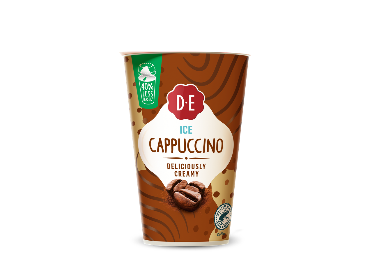 DOUWE EGBERTS IJskoffie in een bruine beker met de tekst 'Ice Cappuccino, Deliciously Creamy'.
