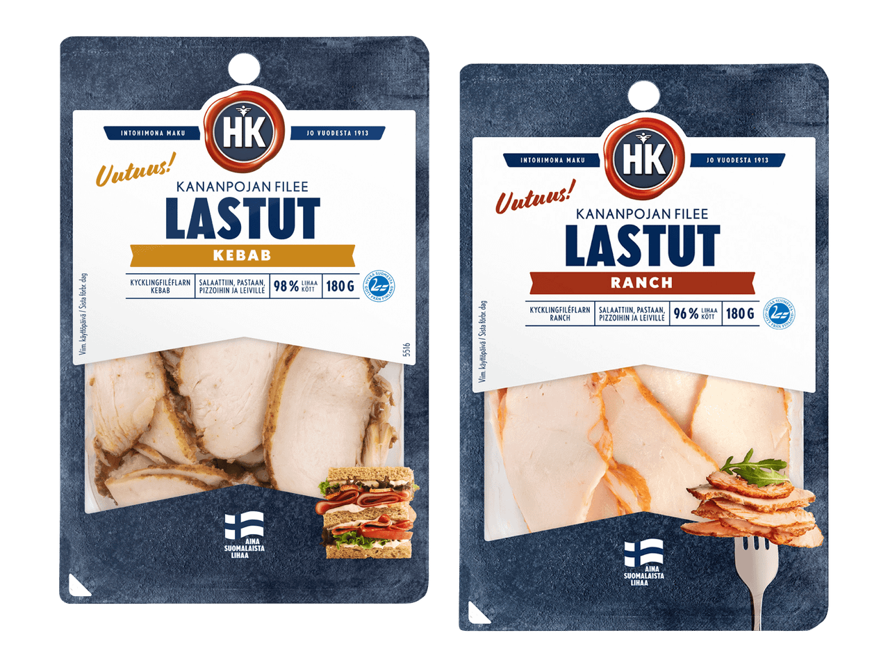 HK:n Lastut kananpojanfileet, kebab ja ranch makuina, 180g pakkauksissa.