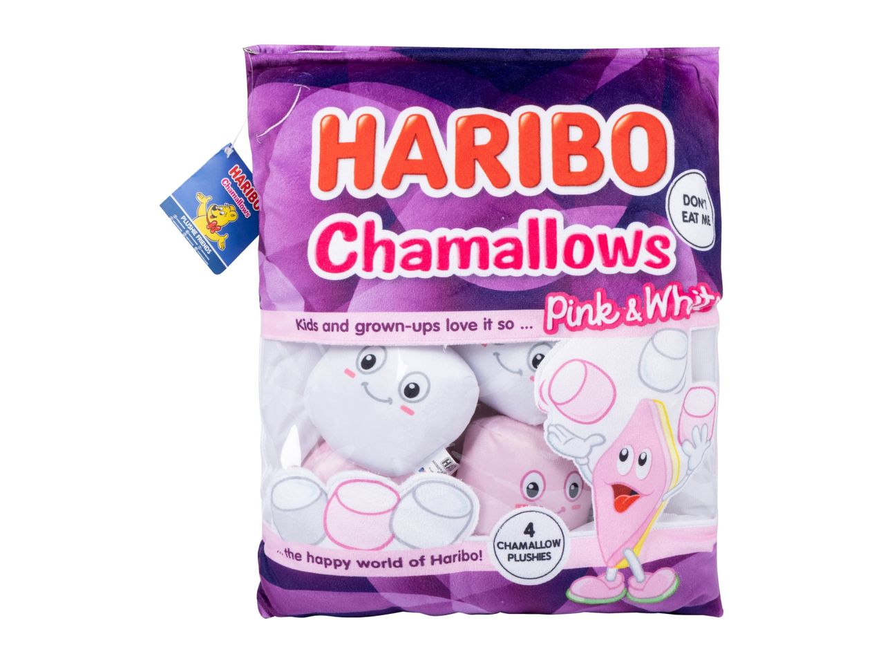 A plushie set of pink and white marshmallows in a purple bag, with text 'DON'T EAT ME'.