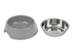 Grey plastic pet bowl with a removable stainless steel insert.