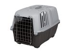 Grey and dark grey plastic pet carrier with a metal grid door