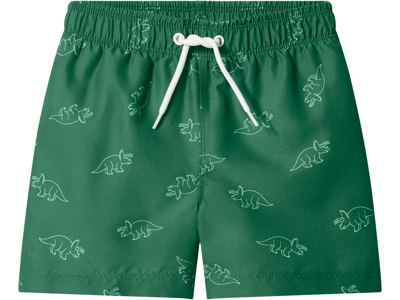 Calções de banho verdes LUPILU com estampa de dinossauros e cordão branco.