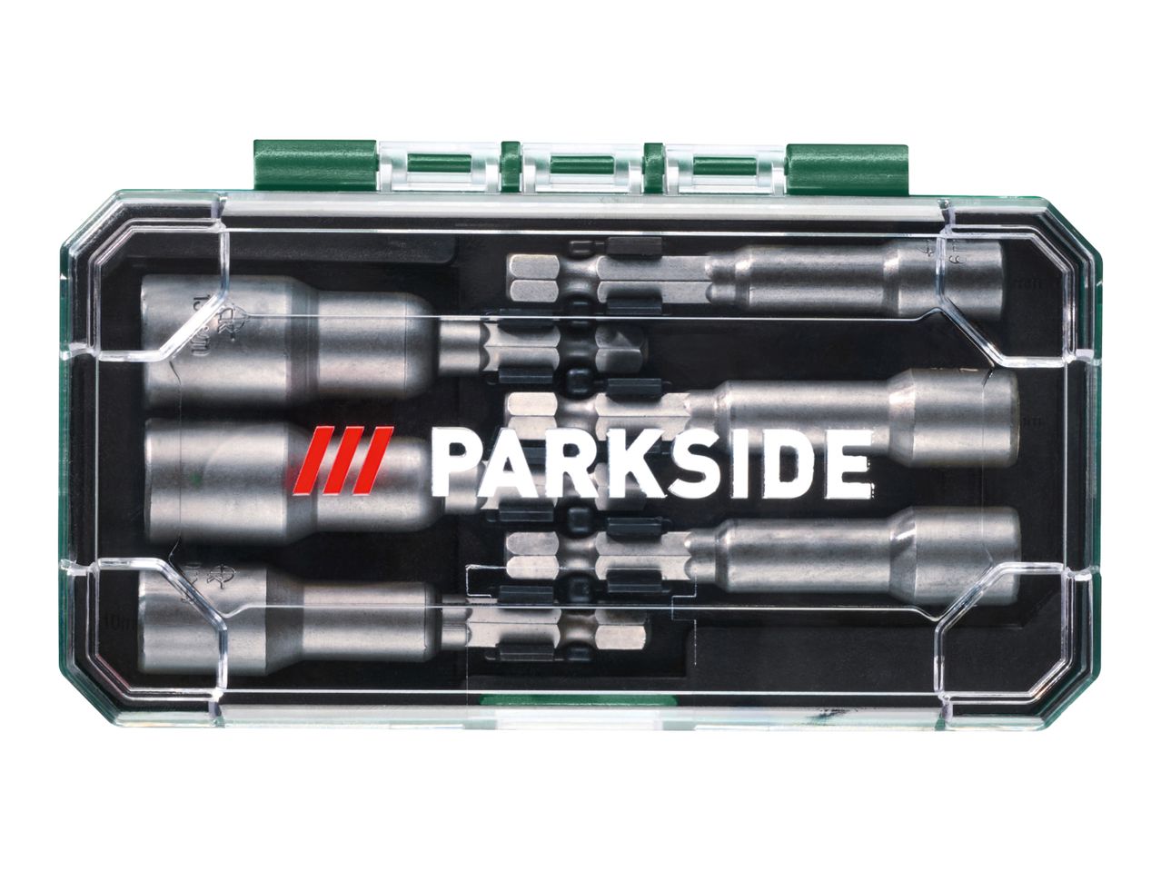 A set of screwdriver bits and nut setters in a clear plastic case with a green hinge.