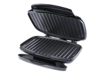 A black electric contact grill is open, showcasing its ribbed cooking plates and drip tray.