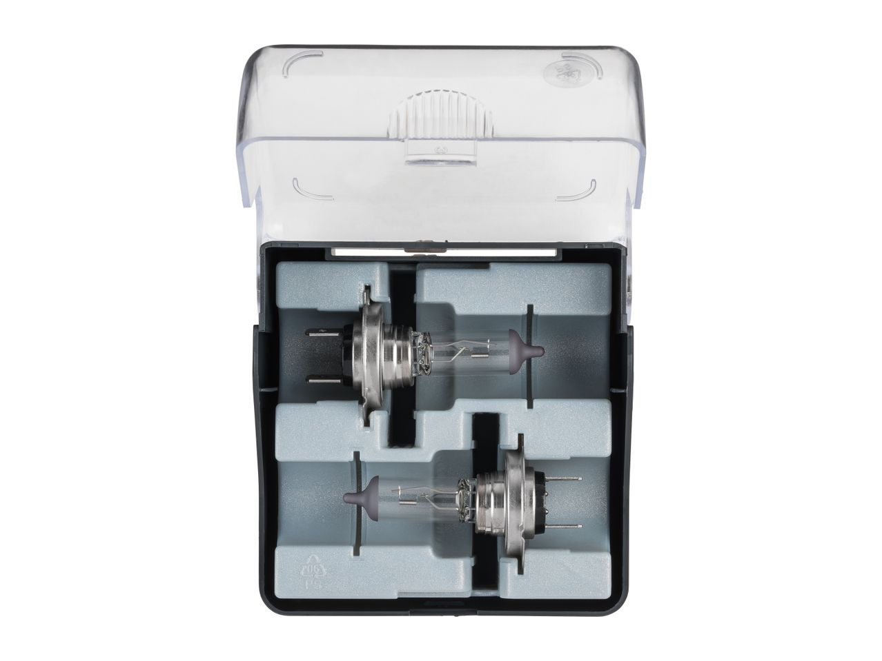 Two car headlight bulbs in a clear plastic and black case with light grey foam inserts