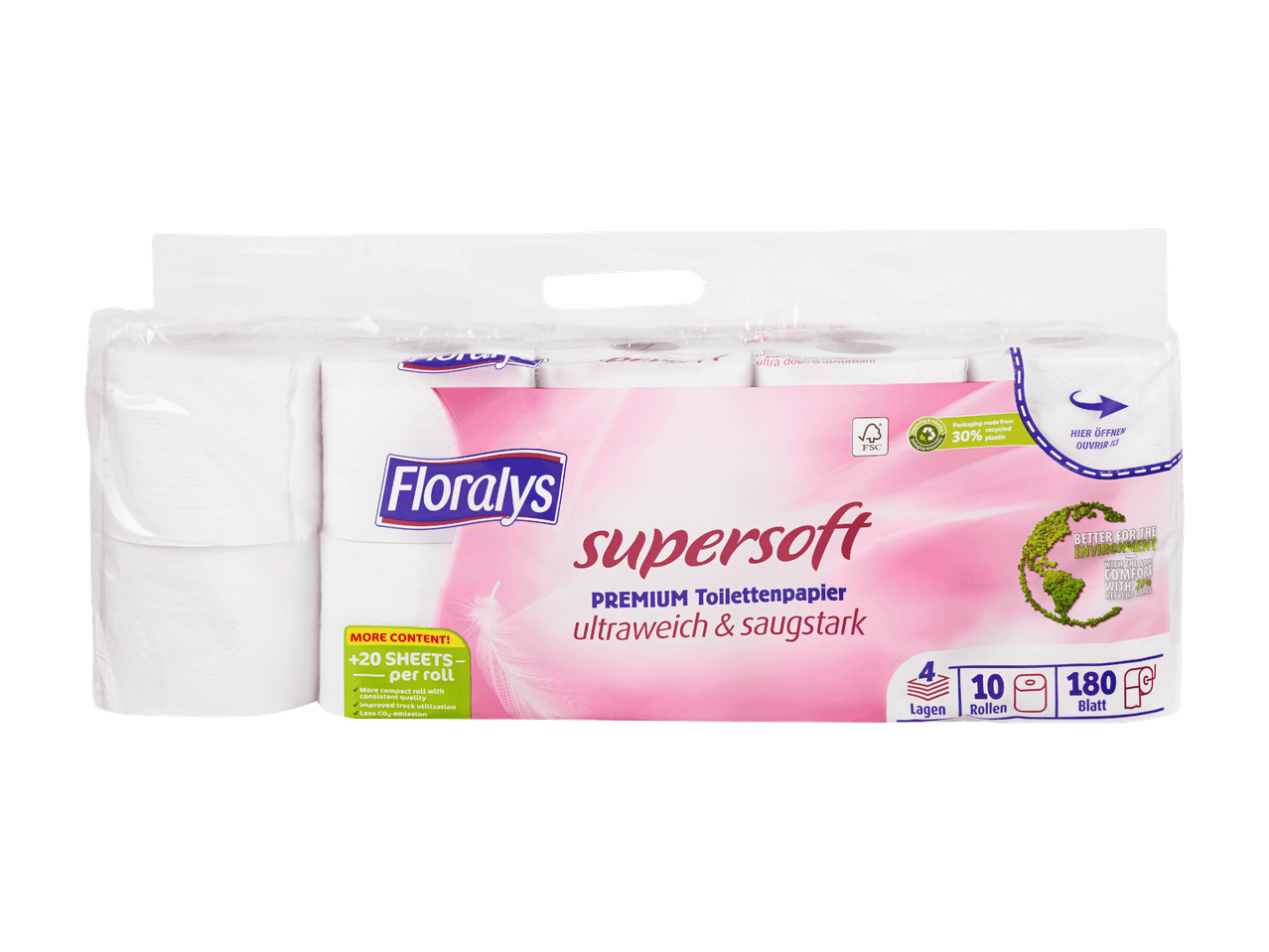 Packung weiches und saugstarkes Toilettenpapier, 10 Rollen mit 4 Lagen, je 180 Blatt.