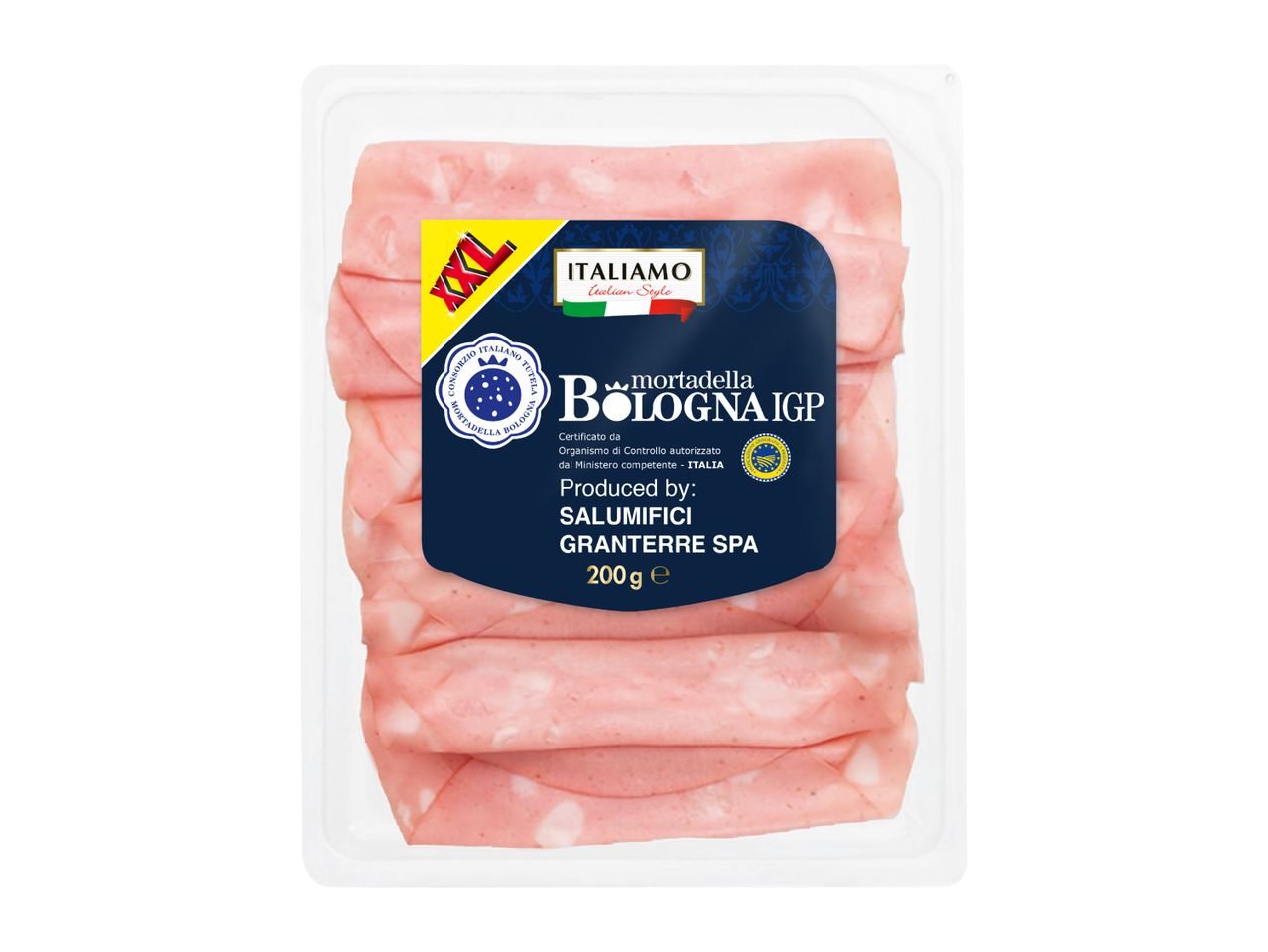Pack of sliced mortadella with an XXL label, Italian style, and a 200g weight.