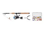 Fishing rod with reel, fishing lures, pliers, and a tackle box with various fishing accessories.