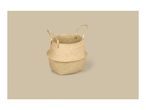 Woven seagrass belly basket with handles on a neutral background