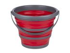 A red and gray collapsible bucket with handles.