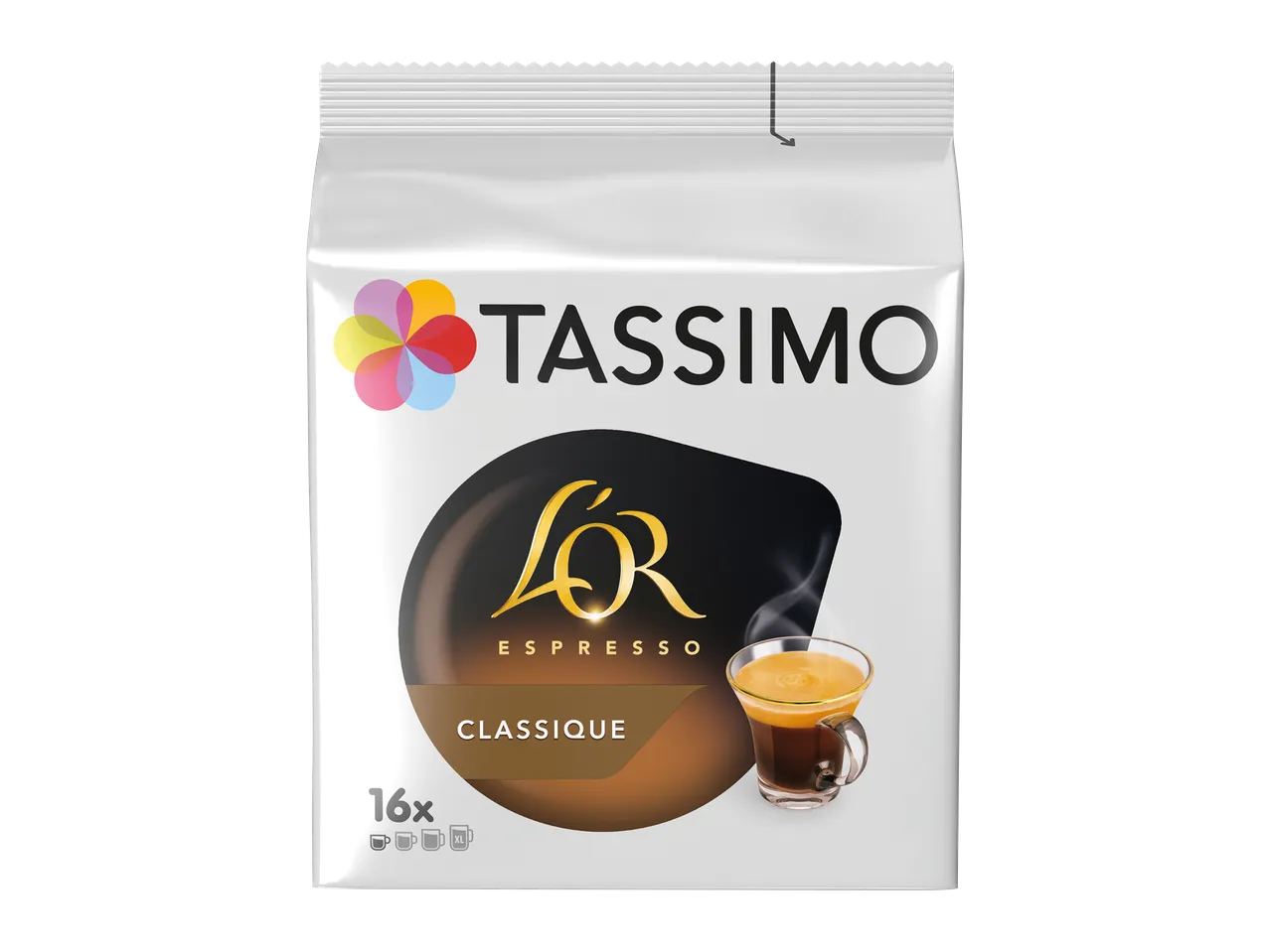 Paquet de dosettes de café espresso classique, 16 unités, avec une tasse de café fumant.