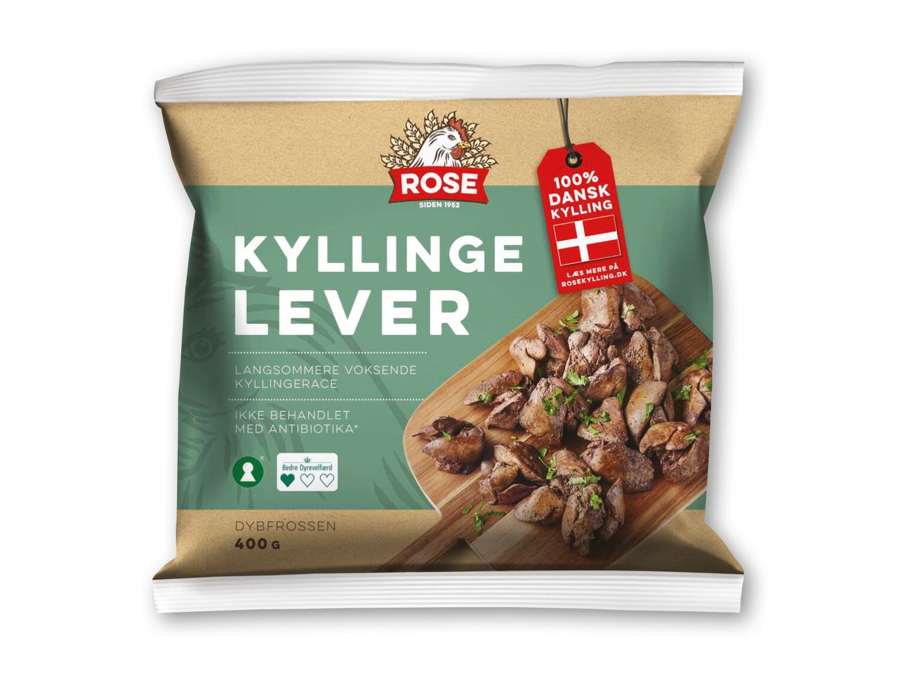 Rose Kyllinglever: 400g frossen dansk kyllingelever fra langsommere voksende kyllingeracer, ikke behandlet med antibiotika.