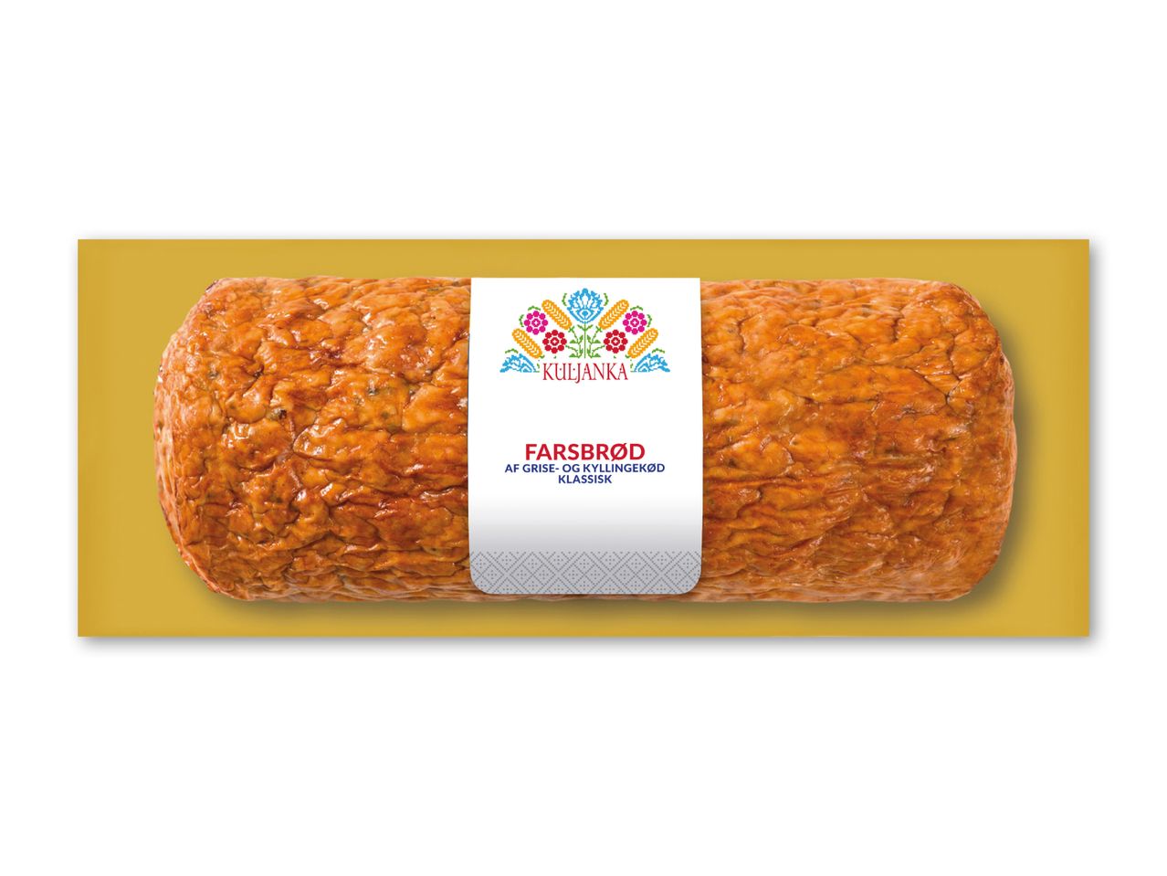 Farsbrød af grise- og kyllingekød med en hvid etiket med blomstermønster.