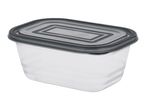 Clear rectangular food storage container with a dark gray lid.