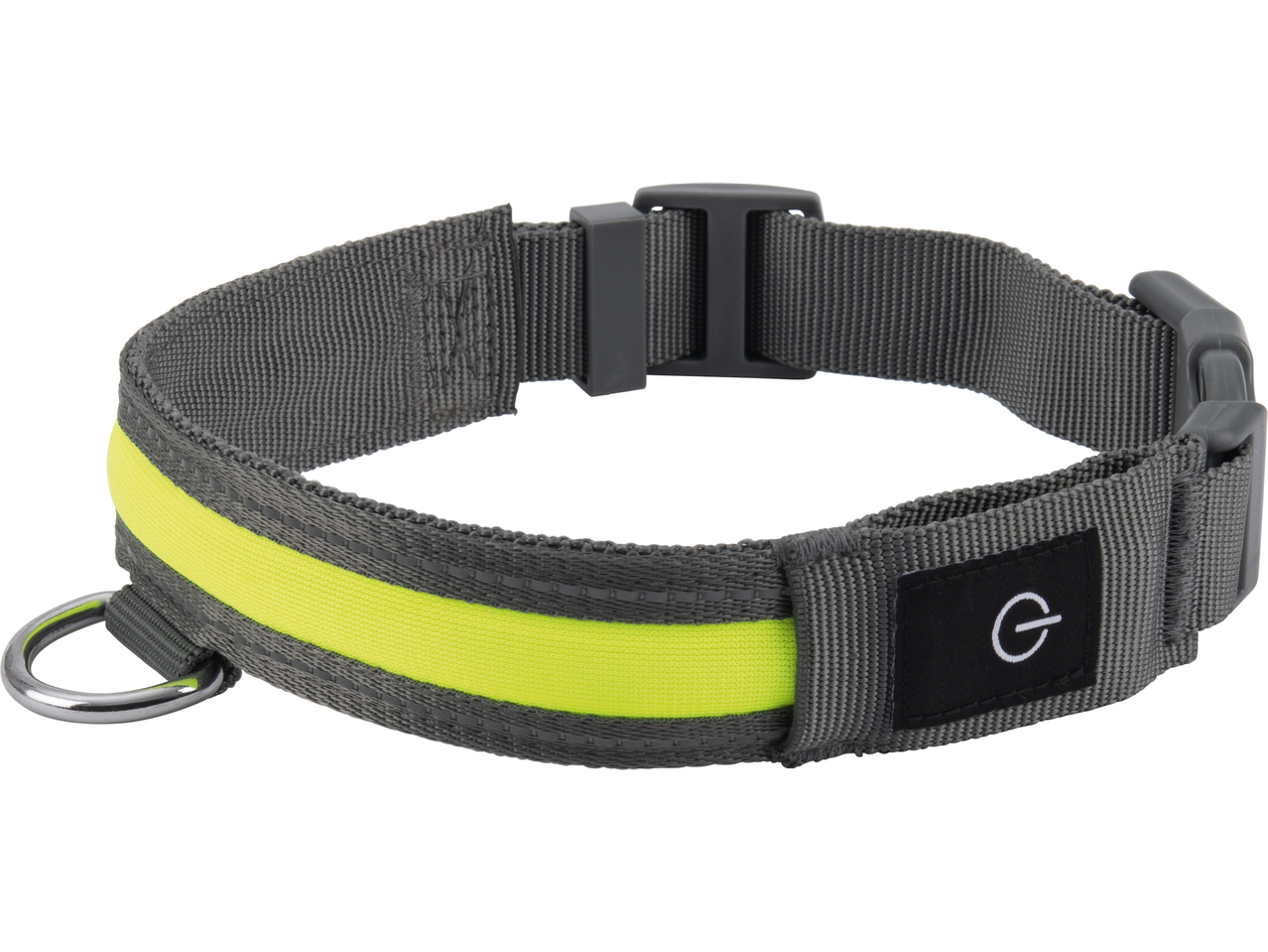 Pelēka suņu kakla siksna ar neona dzeltenu svītru un metāla gredzenu